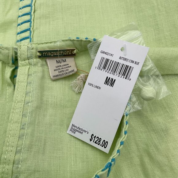 Magashoni Short Sleeve 100% Linen Green Crop Top Cyan Blanket Stitching Med NWT - Picture 5 of 8
